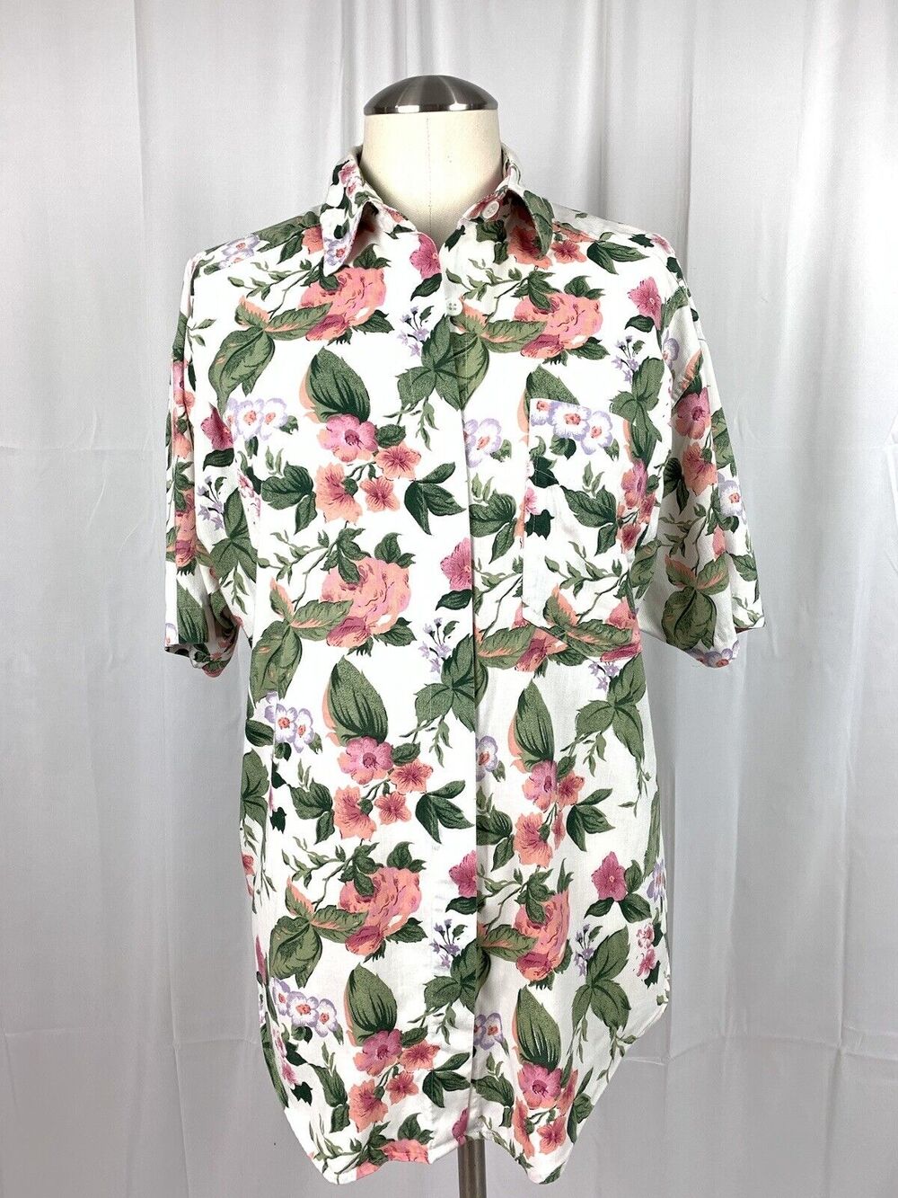 Vintage Ninon De Lenclos Floral Button Up Collared Short Sleeve Top Blouse Sz M